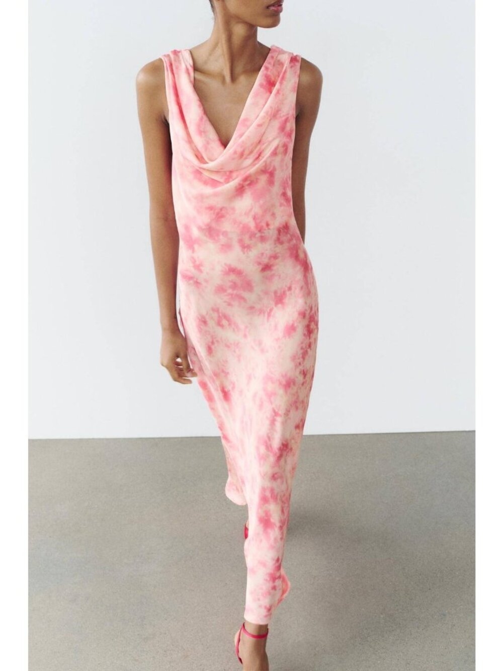 Zara Maxi Dress Womens XS Pink Tie Dye Satin Cowl Neck Sleeveless NWOT